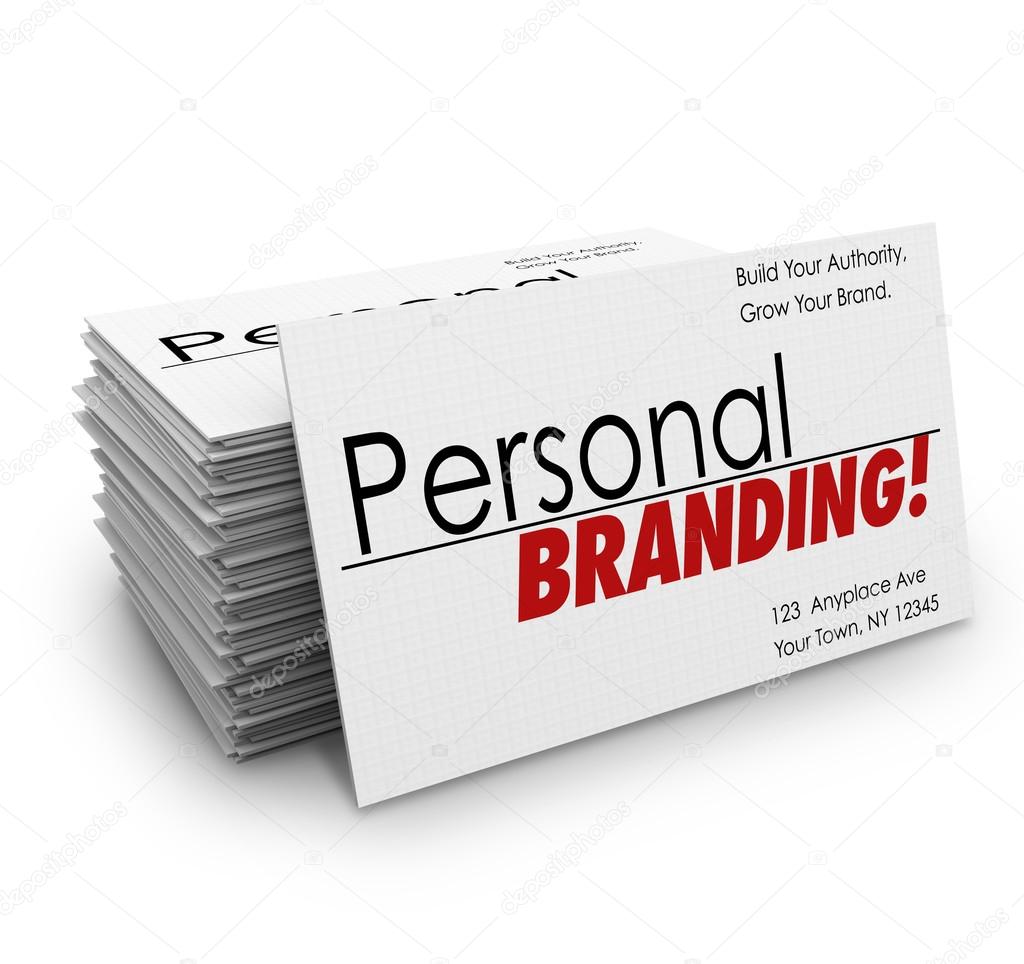 A stack of business cards saying Personal Branding with one card leaning on the stack showing contact information