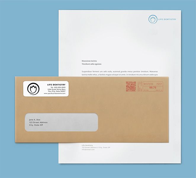 A white letter with a company letterhead behind a brown envelope featuring a white label with the brand logo and address. 